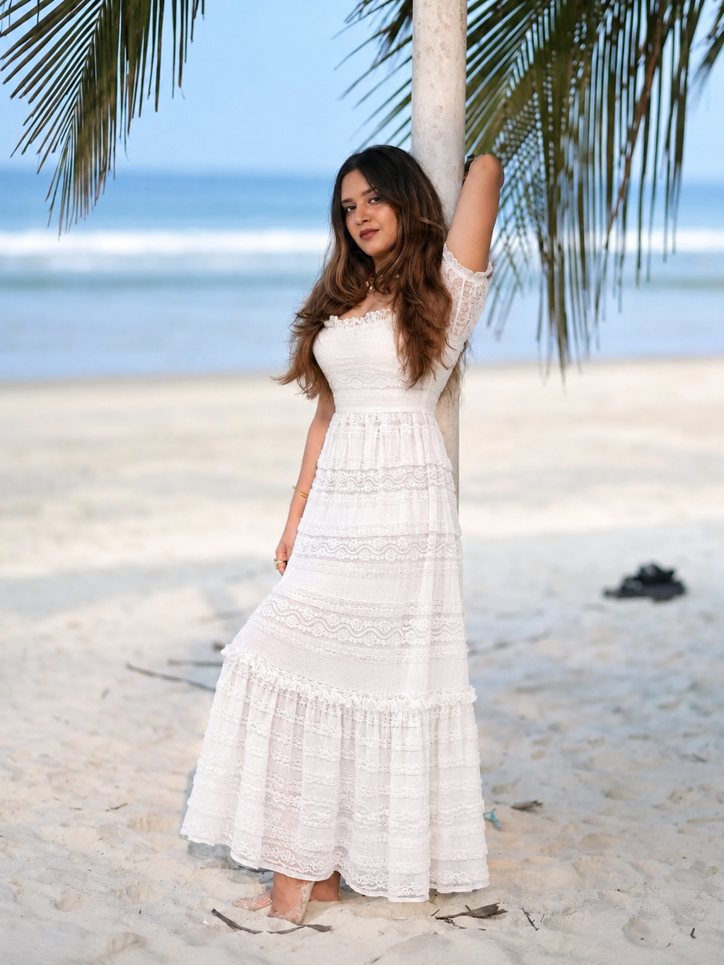 Pearl White Romantic Lace Gown full length editorial