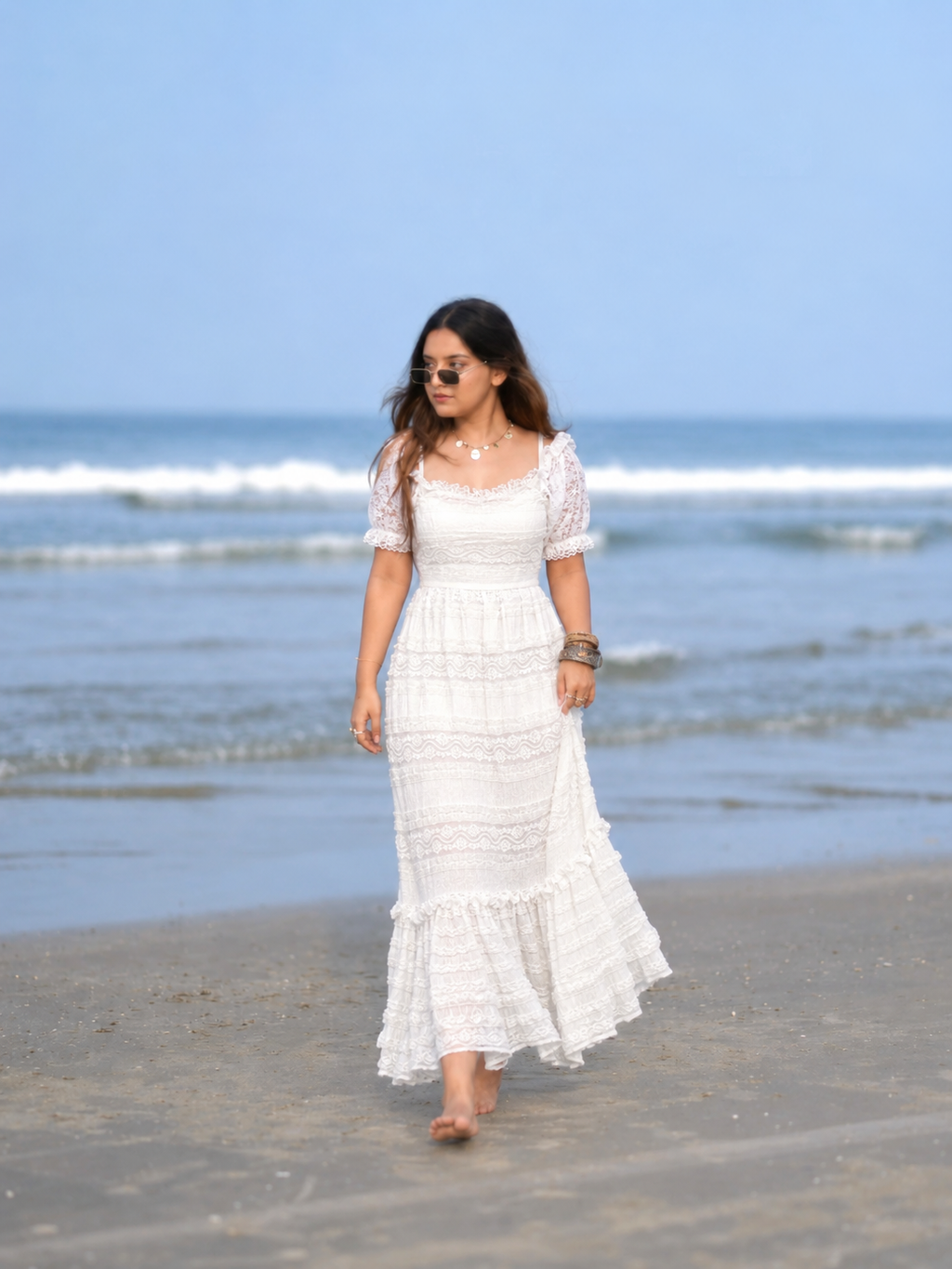 Pearl White Romantic Lace Gown beach view