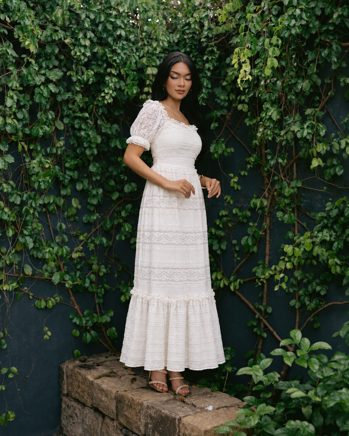 Pearl White Romantic Lace Gown full length garden portrait