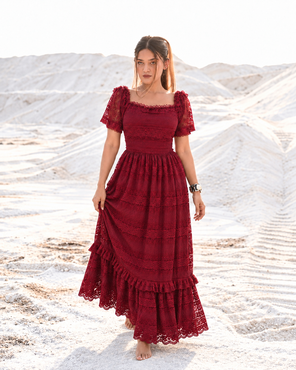 Deep Wine Romantic Lace Gown walking view