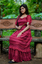 Ladies Deep Wine lace gown, seated outdoor view